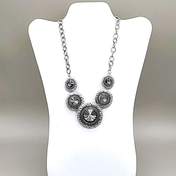 J. Crew Silver Necklace with Five Large Circular Rhinestones - Picture 2 of 5